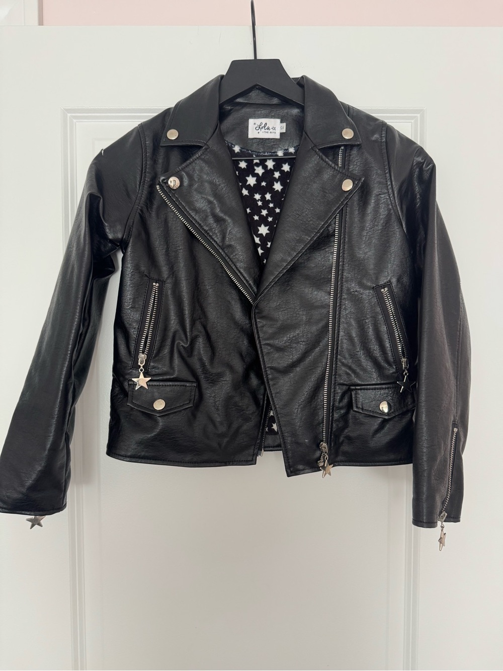 Lola + The Boys Black Faux Leather Moto Jacket with Star Lining